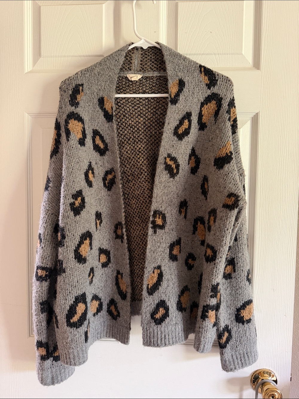 Hem & Thread Gray Leopard Print Open Cardigan with Tan Accents